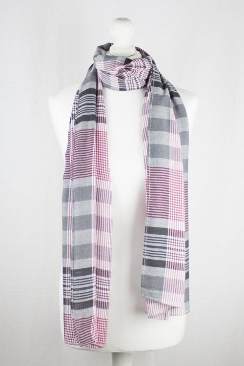 Checks and Stripes Textured Weave Viscose Scarf - Pink Black Off-White