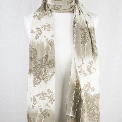 Frayed Stripes Printed Cotton Scarf -  Off- White Beige