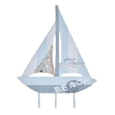 WALL RACK WOOD METAL 43X4X56 BLUE SAILBOAT LM196650