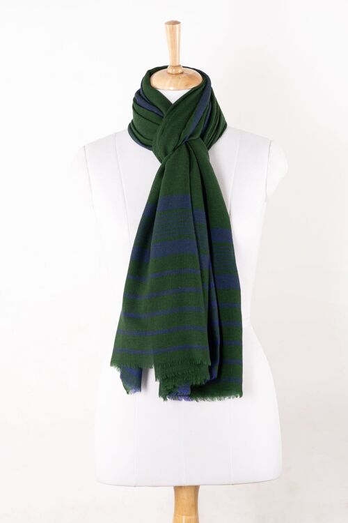 Stripe Border Merino Wool Scarf - Green Blue