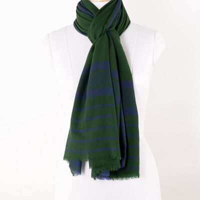 Bufanda de lana merino con borde a rayas - Azul Verde