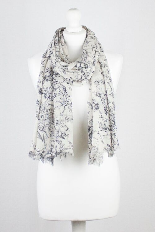 Sketchy Floral Print Merino Wool Scarf - Off White