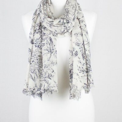 Sketchy Floral Print Merino Wool Scarf - Off White