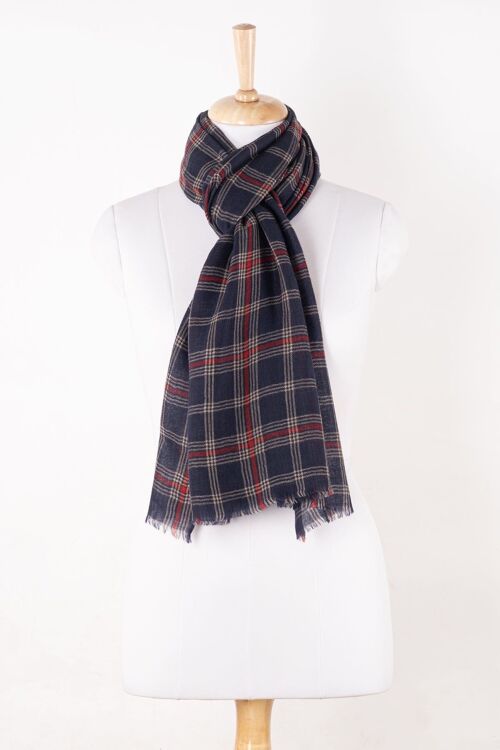 Yarn Dyed Twill Weave Classic Checks Merino Wool Scarf - Navy Red