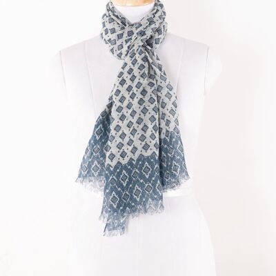 Bufanda de algodón de lino con estampado de rombos - Azul Blanco