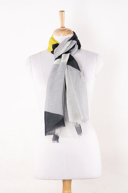 Abstract Geometry Print Linen Cotton Scarf - Grey Black Lime