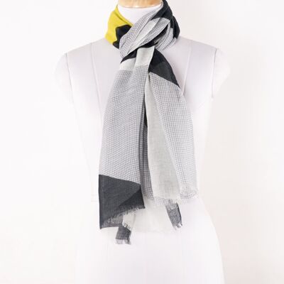 Abstract Geometry Print Linen Cotton Scarf - Grey Black Lime