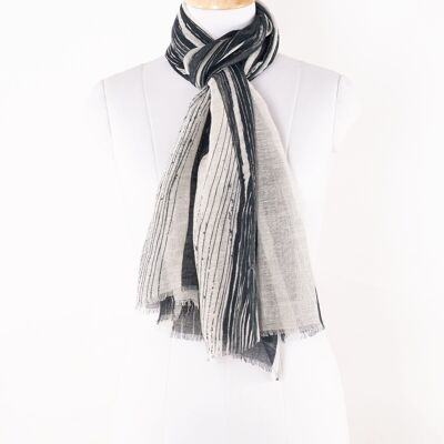 Bufanda de algodón de lino con estampado de rayas - Blanco y negro