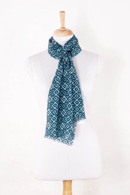 Tribal Tile Print Linen Cotton Scarf - Teal