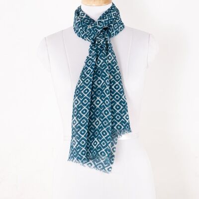 Bufanda de algodón de lino con estampado de azulejos tribales - Verde azulado
