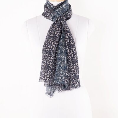 Bufanda de algodón de lino con estampado de azulejos florales - Navy Cement