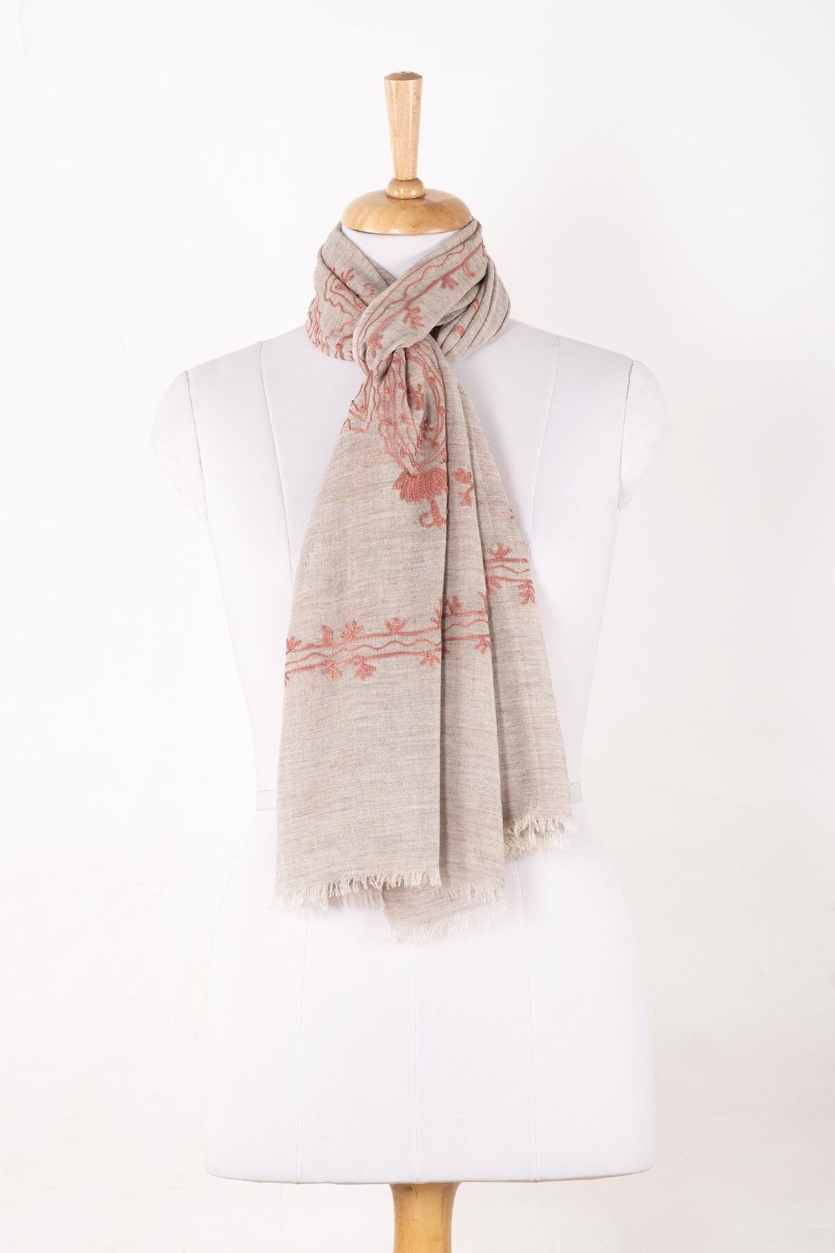 Sciarpa in cotone con ricami floreali - Grigio ghiaccio