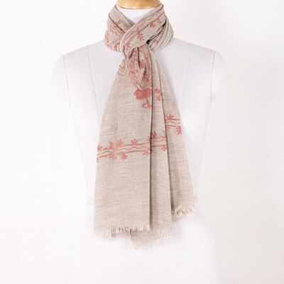 Floral Embroidered Cotton Scarf - Ice Grey