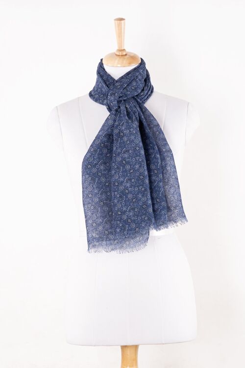 Ditsy Paisley and Flower Print Linen Cotton Scarf - Indigo