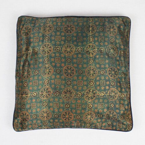 Geometric Floral Hand Block Print Mashru Silk Cushion Cover - Green Red