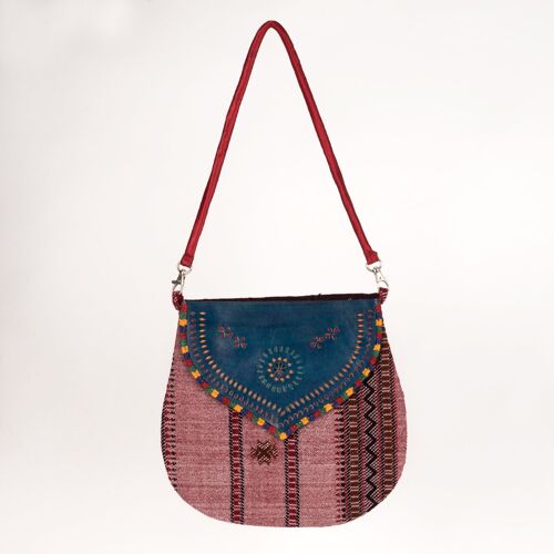 Handcrafted Bag with Hand-carved Leather Flap - Red Blue