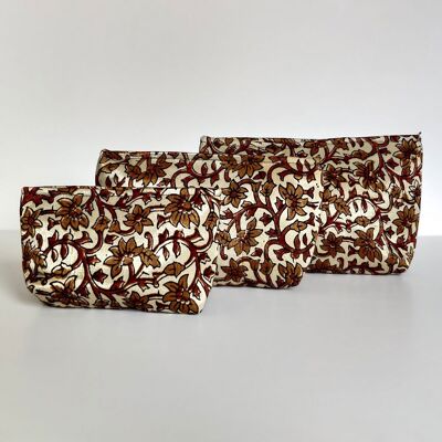 Ajrakh Hand-block Print Pouch Set of 3 - Flower Vine Brown Gold