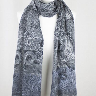 Écharpe en laine mérinos à feuilles et fleurs complexes - Bleu