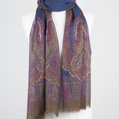 Persian Paisley Print Merino Wool Scarf - Navy Magenta Brown