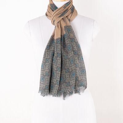 Sciarpa in lana merino con stampa tradizionale motivo a foglie - Beige Teal