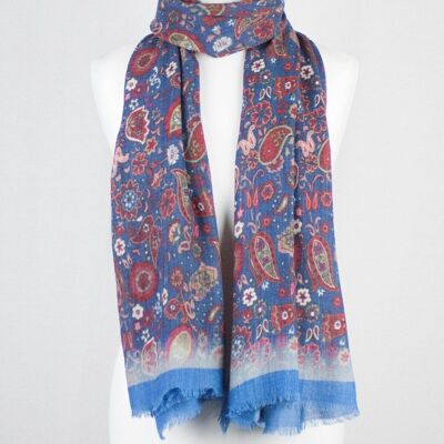 Sciarpa in lana merino con stampa cachemire e fiori - Blu Multi Blue