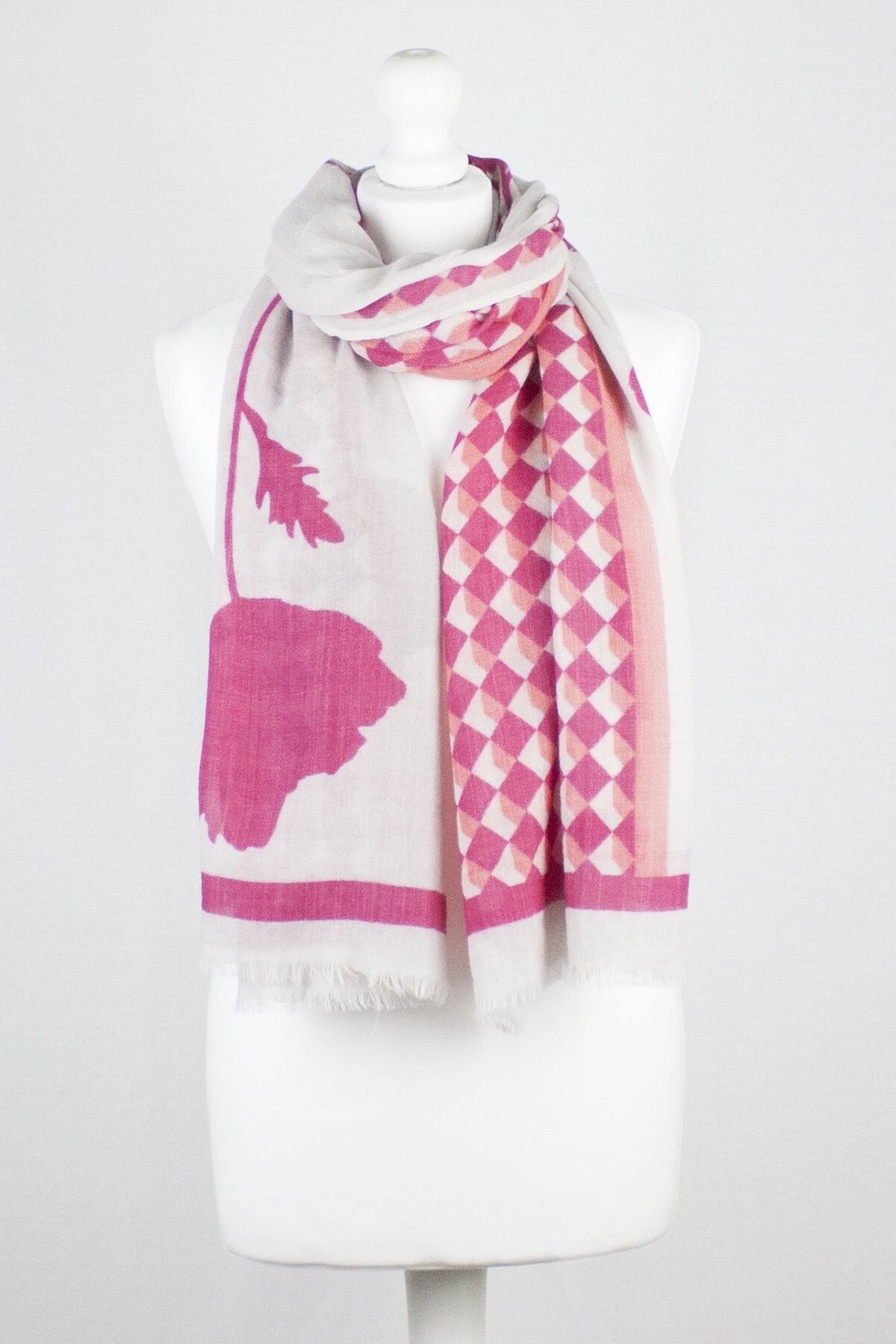 Sciarpa in lana merino con stampa a fiori e rombi - Rosa caldo Off White