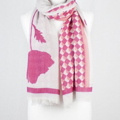 Bufanda de lana merino con estampado de flores y diamantes - Rosa fuerte blanco roto