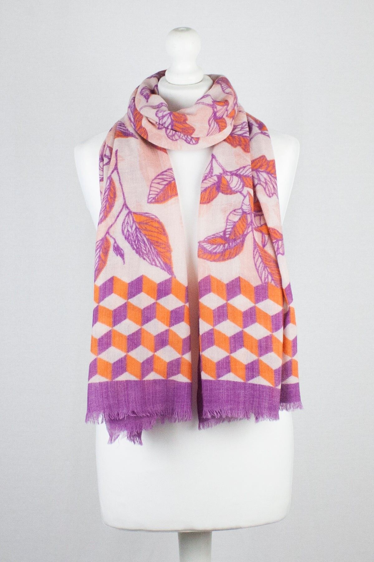 Sciarpa in lana merino con stampa foglie d'autunno - Arancione fucsia