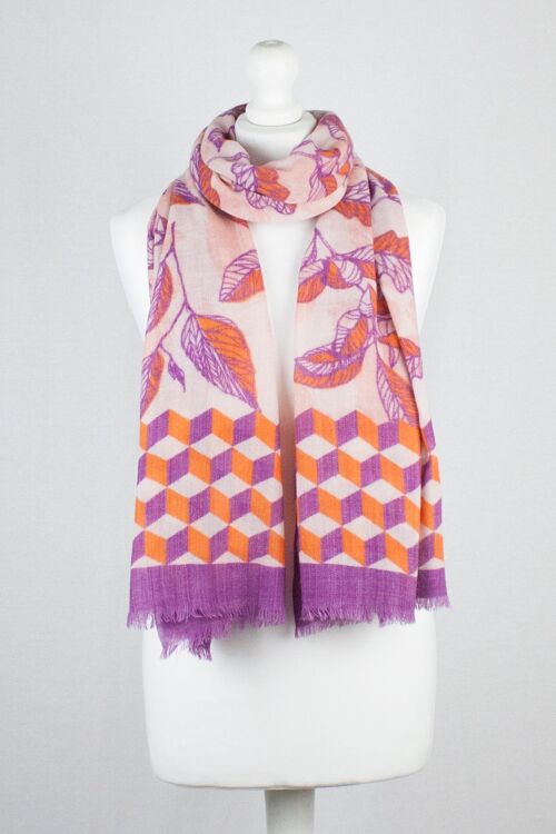 Autumn Leaf Print Merino Wool Scarf - Fuschia Orange