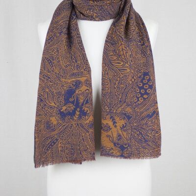 Bufanda de lana merino jacquard con guepardo Dark Night - Navy Orange