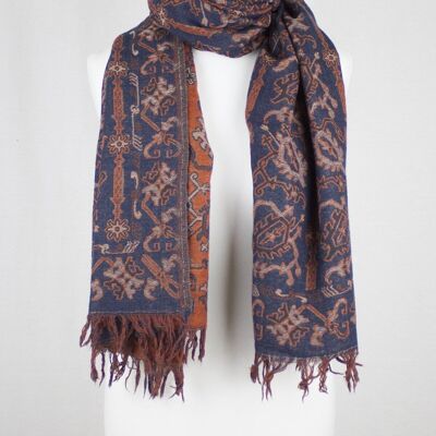 Écharpe En Laine Mérinos Jacquard Motif Jamdani - Navy Orange