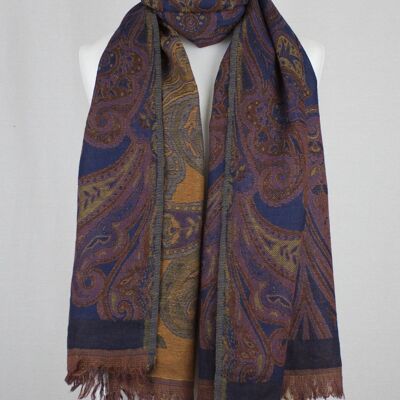 Flower and Paisley Jacquard Merino Wool Scarf - Navy Orange