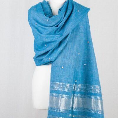 Mirror Work Lurex Border Wool Shawl - Turquoise