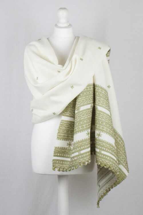 Booti and Border Embroidery Wool Shawl - Off White Sage Green