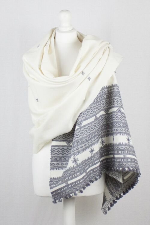 Booti and Border Embroidery Wool Shawl - Off White Grey