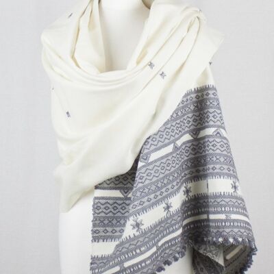 Booti and Border Embroidery Wool Shawl - Off White Grey