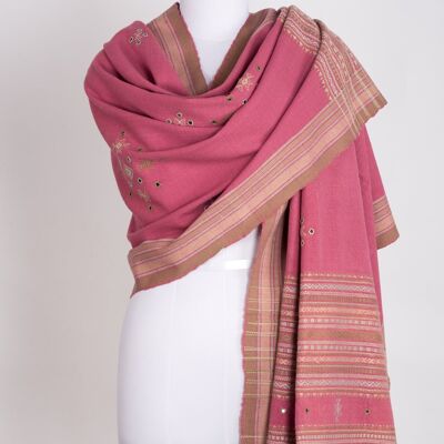 Mirror Work W/Thick Border Embroidery Wool Shawl - Pink