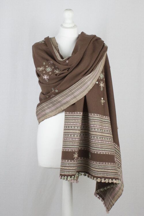 Mirror Work W/Thick Border Embroidery Wool Shawl - Brown