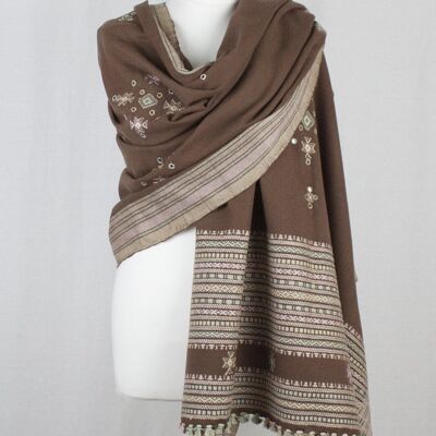 Mirror Work W/Thick Border Embroidery Wool Shawl - Brown