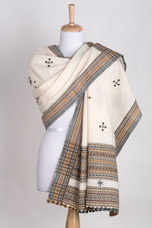 Mirror Work W/Thick Border Embroidery Wool Shawl - Off White