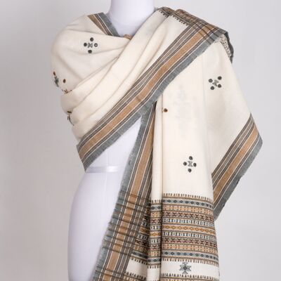 Mirror Work W/Thick Border Embroidery Wool Shawl - Off White