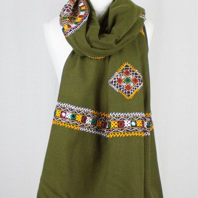 Scialle in lana con ricamo Sindh - Verde oliva