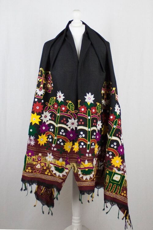 Traditional Kutch Rabari Embroidery Wool Shawl - Black