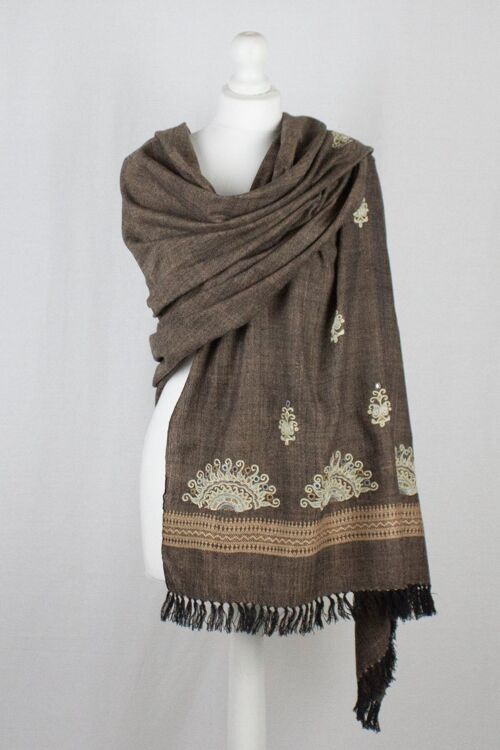 Chain Stitch Embroidered Wool Shawl - Brown Black