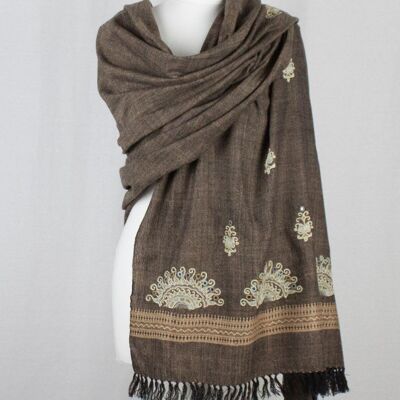 Chain Stitch Embroidered Wool Shawl - Brown Black