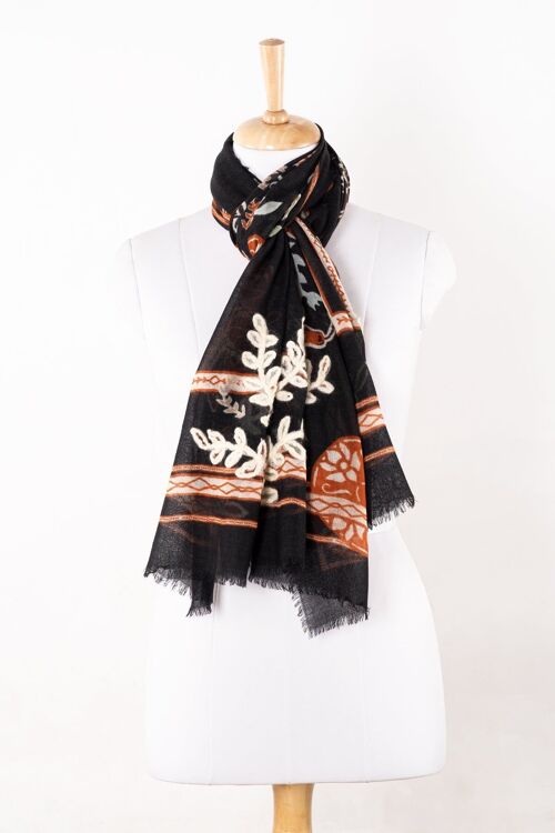 Floral Print with Woolen Embroidery Merino Wool Scarf - Black