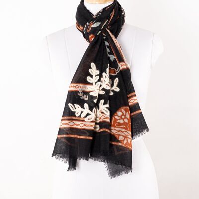 Floral Print with Woolen Embroidery Merino Wool Scarf - Black