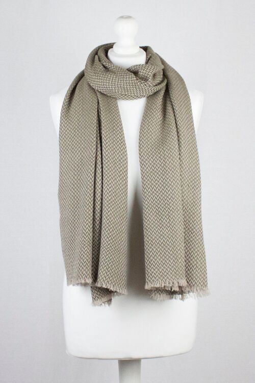 Chevron Weave Two Tone Merino Wool Scarf - Olive Beige