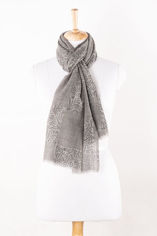 Floral and Stripe Patch Print Merino Wool Scarf - Grey Blue
