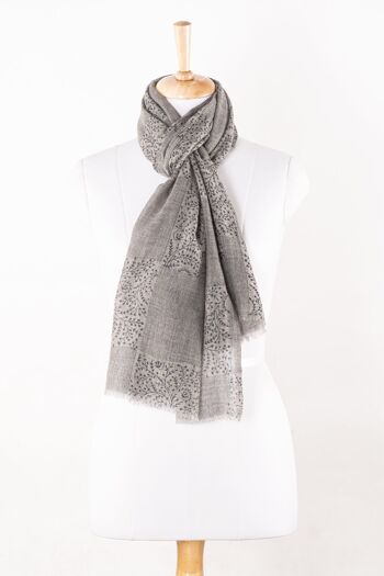 Écharpe en laine mérinos à imprimé floral et rayé - Bleu gris 1